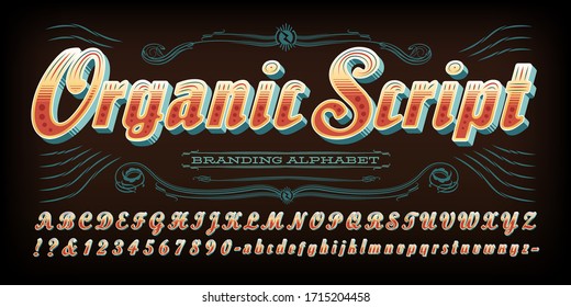 Organic bold script font; An alphabet of layered embellishments and 3d effects. This alphabet has a retro vibe which conjures a simple, natural down-home feel. Good for logos, branding, etc.