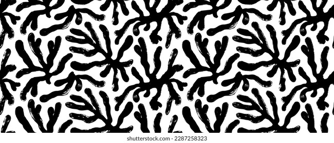 Organic botanical shapes seamless pattern. Nautical wallpaper wih corals. Matisse inspired contemporary banner. Hand drawn vector abstract plant pattern. Branches with leaves in Matisse style.