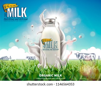 Organic Bottle Milk Ads With Splashing Liquid On Grassland In 3d Illustration