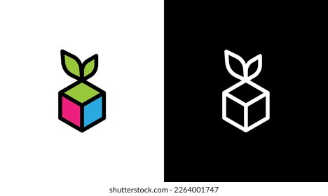 organic box and leaves logo vector package black and white icon style Design template