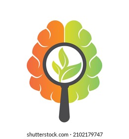 Organic brain magnifying glass and tree logo design. Tree find in mind concept design. 