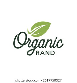 Logotipo de marca orgânica com folha verde e fonte de script elegante para marca de produtos eco-friendly, natural e sustentável