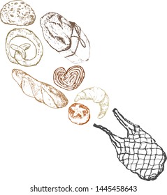 Organic bread house sketch vector illustration. Poster of ecological baked bread with eco bag. Template for baker shop of fresh wheat bread bagel or rye loaf and wheat ears sheaf.