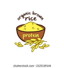 Organic brown rice with high protein sticker. Isolated on white hand drawn grain icon with sign, meal ingredient tag. Healthy product sticker with seed for dietary nutrition, vector illustration