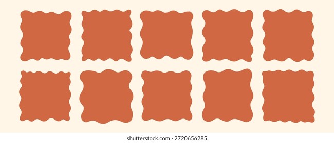 Conjunto de marco de forma de zigzag cuadrado ondulado marrón orgánico. Kit de caja de borde curvo de borde irregular. Ilustración vectorial Doodle