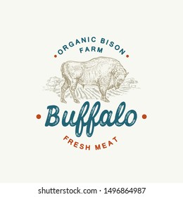 Organic Buffalo Cattle Abstract Vector Sign, Symbol or Logo Template. Hand Drawn Bison Silhouette and Countryside Rural Landscape Sketch with Retro Typography. Vintage Luxury Vector Emblem. Isolated.