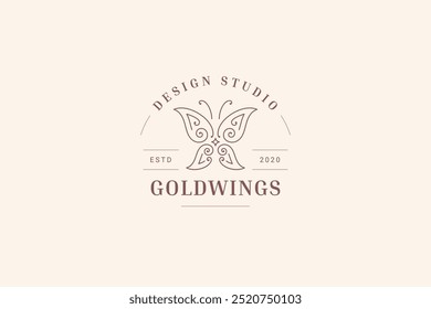 Organic butterfly minimalist line art logo design template for skin care cosmetic vector illustration. Natural insect with ornamental wings linear logotype for hairdresser cosmetology spa wellness