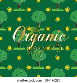 Organic.  Calligraphic vintage gold 3d lettering text. Vector seamless pattern. Green background with trees, sun , floral letters and ornaments.
