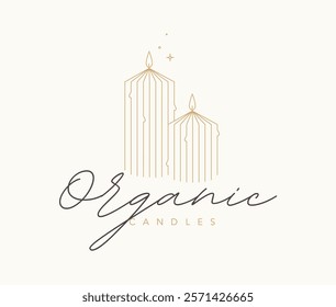 Organic candles studio label design with lettering drawing in linear art deco style on beige background