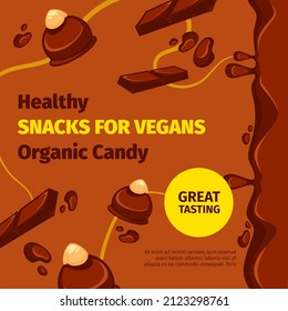 Organic candy and dessert, healthy snacks for vegans. Great tasting and treat for vegetarians, Shop with an assortment of chocolate sweets and cookies with nuts and cream. Vector in flat style