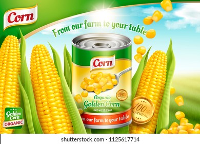 Organic canned corn ads with maize kernels and tin can on bokeh green field background in 3d illustration