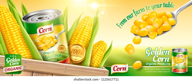 Organic canned corn ads with a spoon of maize kernels and tin can on bokeh field background in 3d illustration