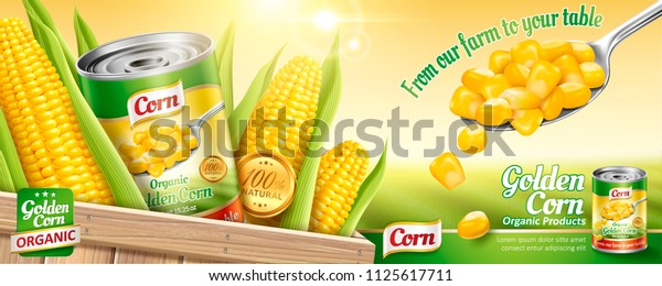 Organic canned corn\
ads with a spoon of maize kernels and tin can on bokeh field\
background in 3d\
illustration