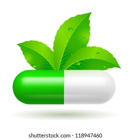 Organic capsule with green Leaves. Illustration on white