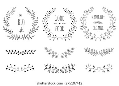 Organic card. Nature badge. Hand Drawn vintage floral elements. Swirls, laurels, frames, leaves, banners and curls. Laurels. Organic product badge and label.