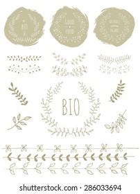 Organic card. Nature badge. Hand Drawn vintage floral elements. Swirls, laurels, frames, leaves, banners and curls. Laurels. Organic product badge and label.