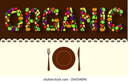 Organic - card with vegetables on brown background with tablecloth, plate, knife, fork