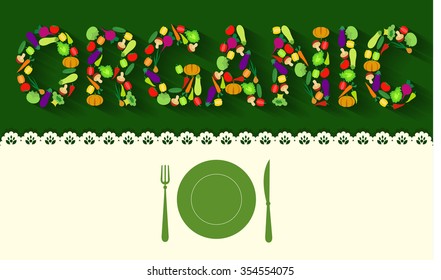 Organic - card with vegetables on green background with tablecloth, plate, knife, fork