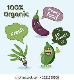 Organic cartoon vegetables with text And the words of each character