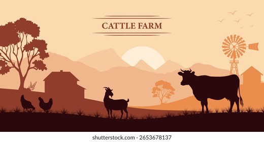 Paisagem de criação de gado orgânica com silhuetas de vaca em pastoreio, moinho de vento tradicional e pôr do sol atrás das montanhas na hora de ouro. Atmosfera rural fresco paisagem rural