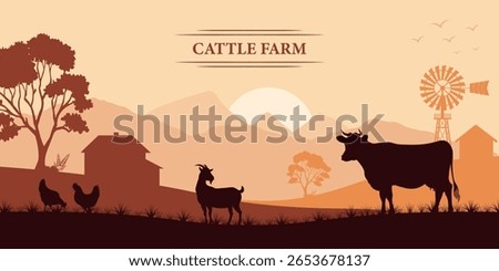 Organic cattle farm landscape with grazing cow silhouettes, traditional windmill, and sun setting behind mountains at golden hour. Rural atmosphere fresh farm countryside scene
