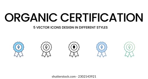 Diseño de iconos de certificación orgánica en estilo Cinco con pulsación editable. Línea, Sólido, Línea plana, Color de tono Duo y Línea de degradado de color. Adecuado para diseño de páginas Web, aplicaciones móviles, UI, UX y GUI.
