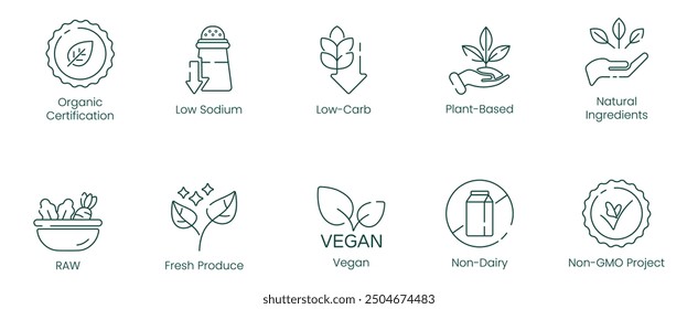 Organic Certification, Low Sodium, Low Carbs, Plant-Based, Natural Ingredients, Raw, Fresh Produce, Vegan, Non-Dairy, and Non-GMO Project Vector Illustration Icon Set