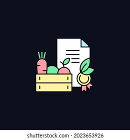 Organic certification RGB color icon for dark theme. Requirements for farm goods. Verification mark. Isolated vector illustration on night mode background. Simple filled line drawing on black