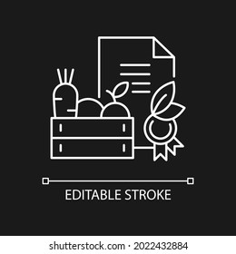 Organic certification white linear icon for dark theme. Requirements for goods. Verification mark. Thin line customizable illustration. Isolated vector contour symbol for night mode. Editable stroke