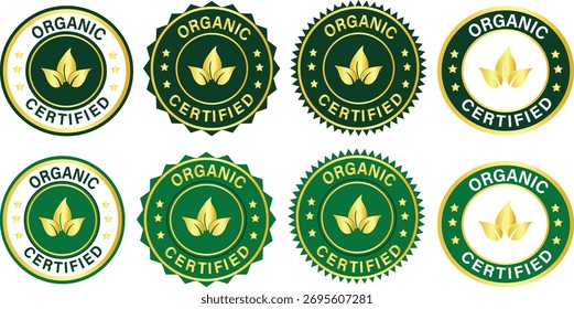Conjunto de Vector de insignia certificada orgánica: etiquetas ecológicas verdes y doradas, sello de Producto natural, emblema de logotipo de alimentos biológicos, iconos de certificación de Producto orgánico saludable para el diseño de empaques y marcas