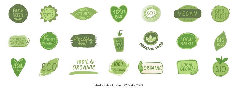 Organic certified icon set. Vegan healthy food logo. Farm fresh label. Nature vegetarian badge. Eco fiendly, bio product. Circle tag. Green leaf emblem. Quality symbol.Gluten free.Vector illustration.