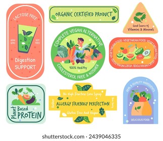 Conjunto de diseño de pegatina de producto certificado orgánico. Colección de etiquetas con soporte para la digestión, etiqueta de alimentos veganos y amigables para las alergias. Proteína de base vegetal, signo de ingrediente real y de calidad, ilustración vectorial