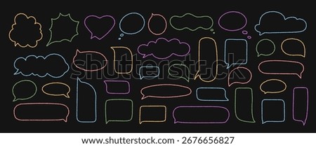 Organic chalk contour speech bubble set with round and circle cloud forms. Comic textbox and chat box create message speech shape in bright color, playful outline style for modern communication