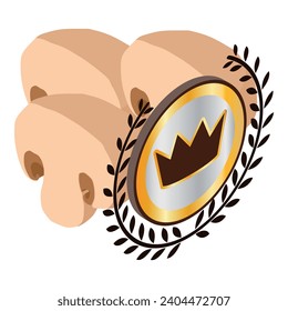Organic champignon icon isometric vector. Fresh natural mushroom and crown sign. Quality concept, food, organic product