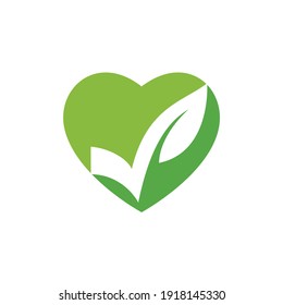 Organic Check Logo Template Illustration. Check Leaf With Heart Icon Logo Design Template.