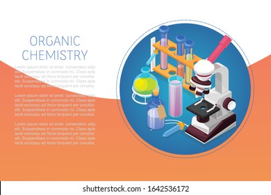 Organic chemestry education and science concept with glass flasks, reagents and microscope vector illustration. Biology, genetics and organic chemistry. Science of life and origin of species.