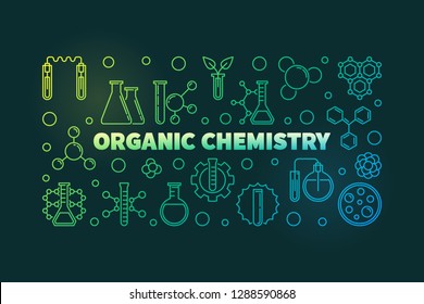 Organic Chemistry concept horizontal outline banner. Vector chemistry concept linear illustration on dark background