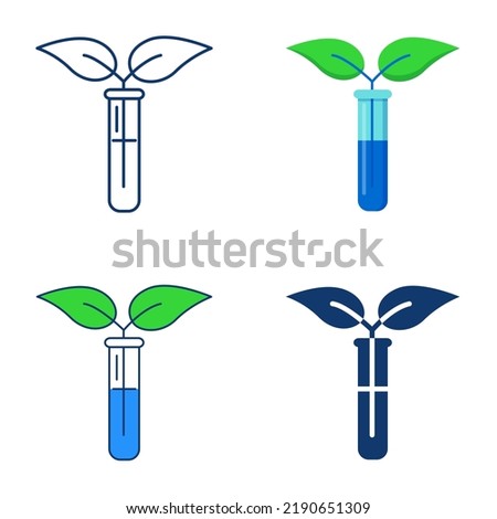 Organic chemistry concept icon set in flat and line style. Test tube with leaf branch. Bioengineering, biotechnology. Vector illustration.