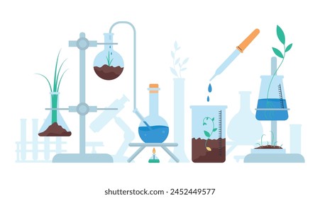 Organic chemistry concept. Lab glass tubes system and glassware with ground and greens. Plants genetic modification, research and growth, decent vector scene