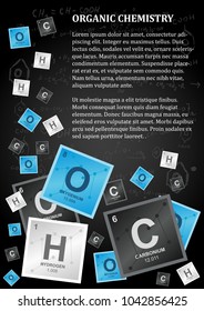 Organic chemistry design in dark colors with a paragraph of text and carbon, hydrogen, oxygen and chemical reactions and formulas on a background