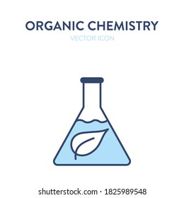 Organic chemistry flask icon. Vector illustration of a chemical flask with a leaf eco symbol. Represents concept of natural ingredients, natural medicine, bio materials, recycled plastic