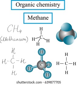 Organic chemistry. Set for examination of the structural formulas of methane and formulas written by hand.