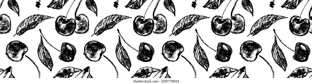 Organic cherry seamless pattern, cherry vector illustrations, hand-drawn berry for vegan banner, juice, jam label design. Ripe berries background for baby food packaging. Cherry banner backdrop.