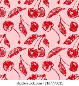 Organic cherry seamless pattern, cherry vector illustrations, hand-drawn berry for vegan banner, juice, jam label design. Ripe berries background for baby food packaging. Cherry banner backdrop.