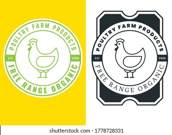 Organic chicken label. Poultry farm label for packaging eggs or meat. Free range badge. Vector illustration with a hen in a round sealed stamp.