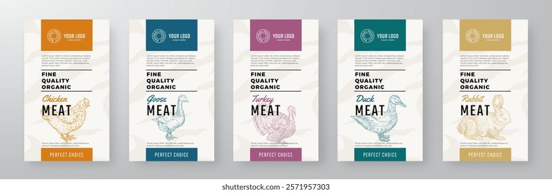 Organic Chicken Meat Vector Package Design Textured Label Templates Set. Farm Bird Poultry and Rabbit Food Product Banners. Hand Drawn Domestic Animals Livestock Backgrounds Layout Collection Isolated