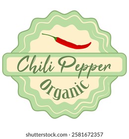 Organic Chili Pepper packaging tag. Classic vegetable label tag or sticker with red hot chili pepper. Fresh natural product badge.