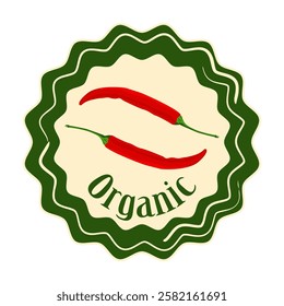 Organic Chili Pepper packaging tag. Classic vegetable label tag or sticker with red hot fresh chili pepper. Fresh natural product badge.