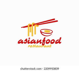 Organic chinese food logo design. Udon stir fry noodles and boiled egg vector design. Tasty asian soup with chopstick logotype