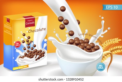 Organic Chocolate cereals milk splash Vector realistic mock up. Product placement label design. 3d detailed illustrations